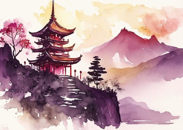 Vector majestueuze japanse tempel in aquarel