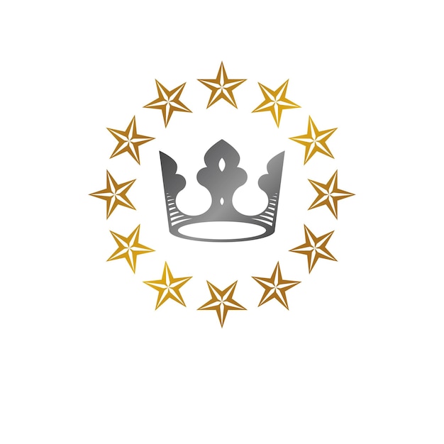 Majestueuze kroon, vijfhoekige ster vectorillustratie. heraldische decoratieve logo. antieke logo geïsoleerd op een witte achtergrond.