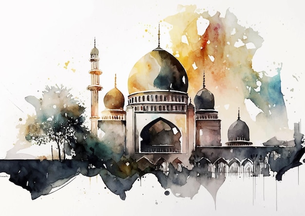 Vector the majesty of islamic mosques in watercolor art