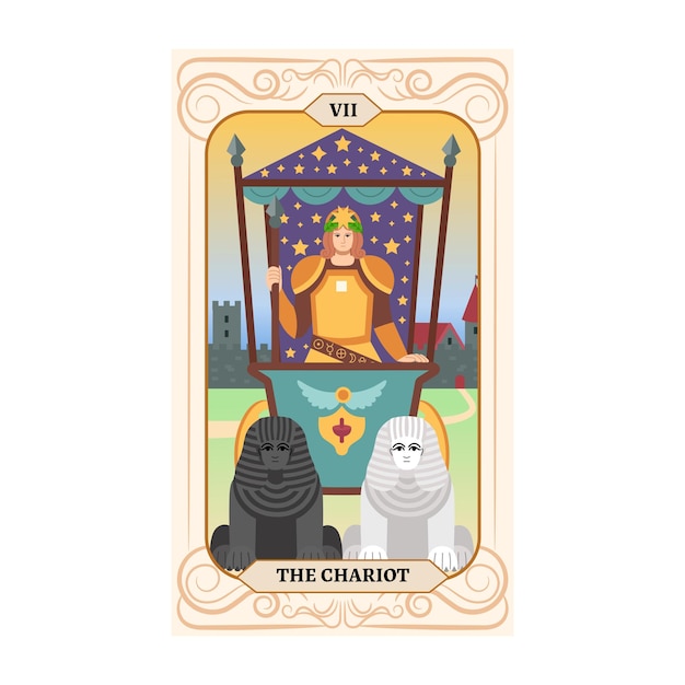 Major Arcana tarot kaart ontwerp Hand getekend cartoon lineaire platte stijl De wagen