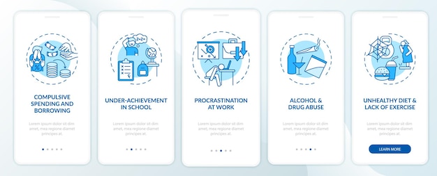 Major selfcontrol problems blue onboarding mobile app page screen with concepts