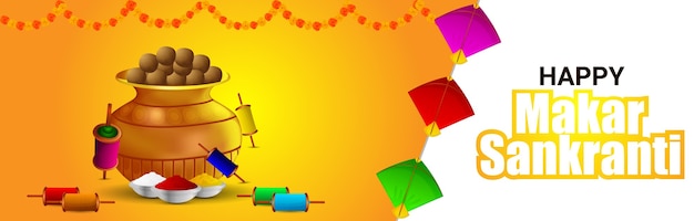 Vector makar sankranti-banner met creatieve vliegers en zoet