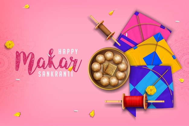 Vector makar sankranti festival background illustration with kite latai and sweets