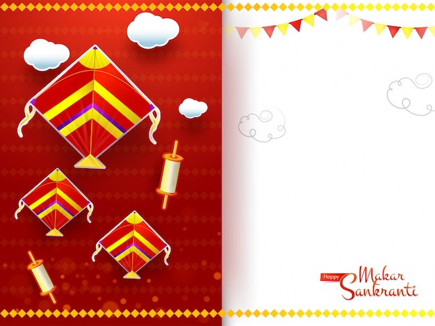Makar sankranti greeting card design decorated with kites, spool