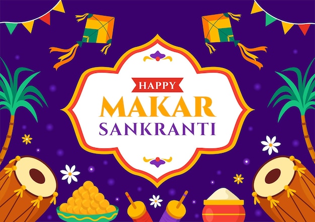 Makar sankranti illustration translation harvest festival indian festive with flying colorful kites