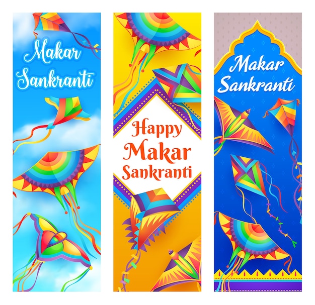 Makar sankranti kite banners of hindu religion indian and nepal festival