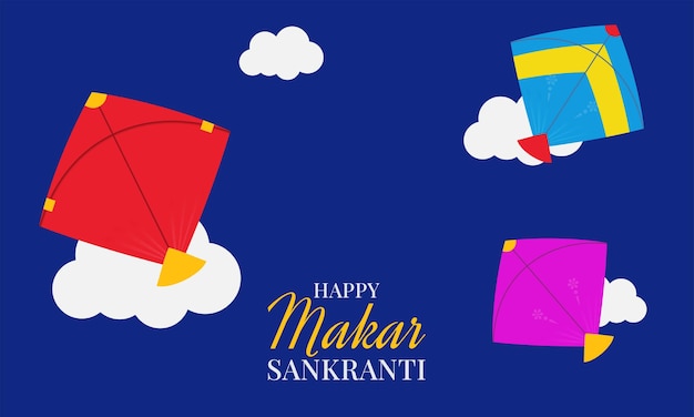 Makar Sankranti poster met een kleurrijke groep vliegers die vliegen Makar Sankranti festival achtergrond