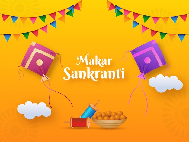 Makar sankranti-tekst met illustratie van vliegers