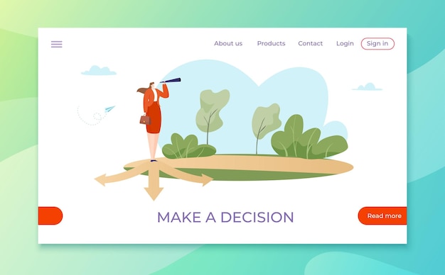 Принять бизнес-решение шаблон веб-сайта веб-приложения баннер целевой веб-страницы мобильное приложение плоская векторная иллюстрация маркетинговая страница