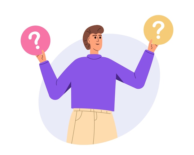 Make choice decision concept Young happy man with sign Puzzled confused person with concept questions Employee thinking Flat vector illustration isolated on white background