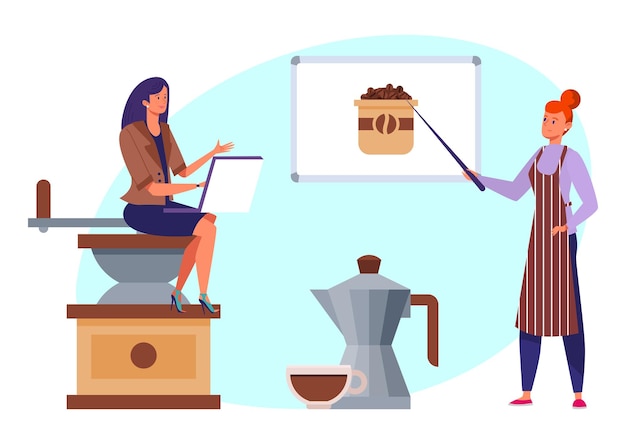 Сделать кофе напиток исследование женщина крошечный персонаж сидя шлифовщик учитель обучение указывает кофе в зернах плоские векторные иллюстрации, изолированные на белом фоне