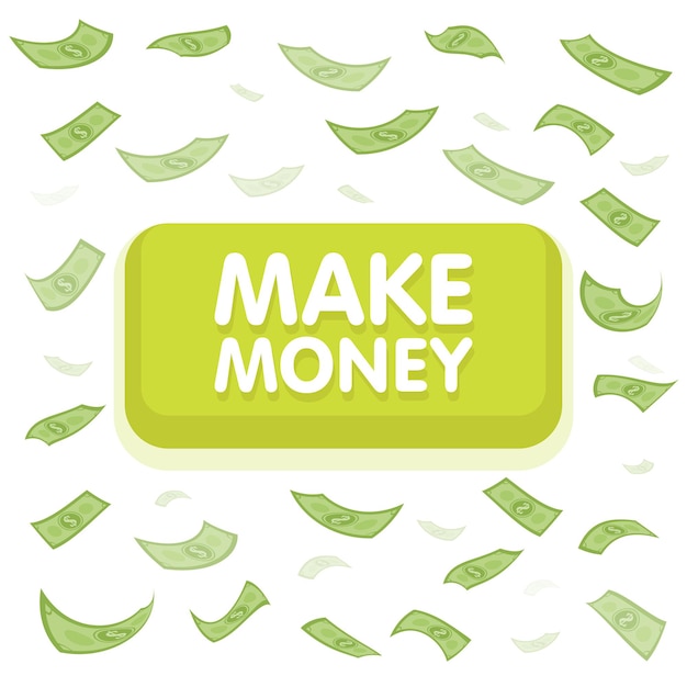 Make money button concept. Dollar money rain. Hundred banknotes flying. Seamless finance background. Vector illustration.