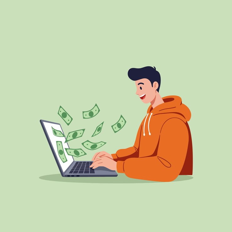 Vector オンラインでお金を稼ぐ ラップトップマンのイラスト