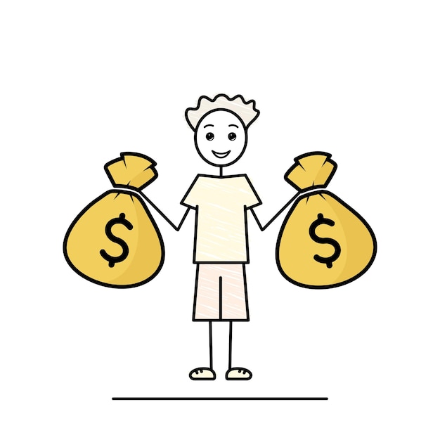 Make money rich male character holding two money bags teen boy with money sacks sketch black line doodle vector illustration