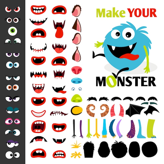 Vector make a monster icons set, with alient eyes, mouths, ears and horns, wings and hand body parts