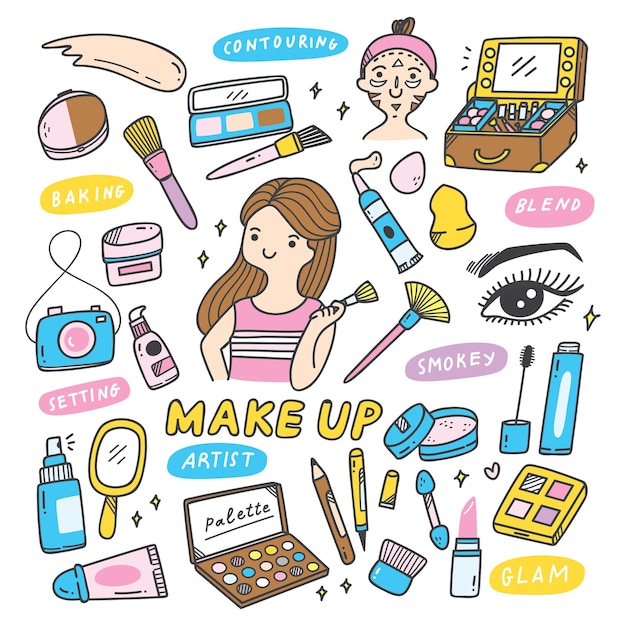 Make-up artiest apparatuur in doodle stijl