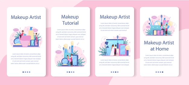 Make-up artiest concept mobiele applicatie banner set. vrouw doet een schoonheidsprocedure, cosmetica toe te passen op het gezicht. visagiste doet make-up aan een model met een penseel.