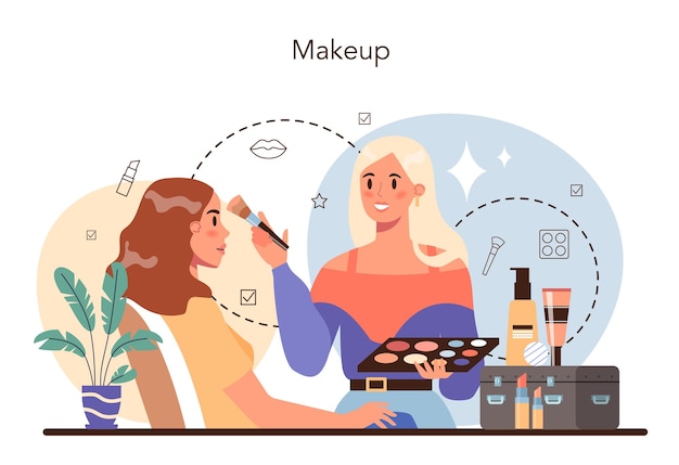 Make up artist concept Professional artist doing a beauty procedure applying cosmetics on the face Visagiste doing makeup to a model using a brush Flat vector illustration