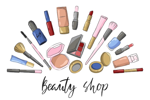Make-up boutique schoonheidssalon logo banner Gezichtsverzorging beauty tools set Schets van cosmeticaproducten