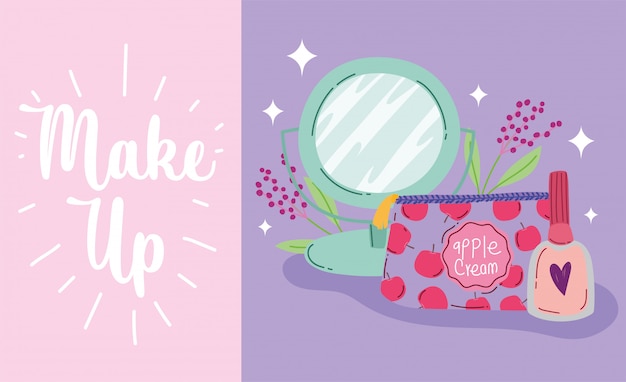 Make-up cosmetica product mode schoonheid oogschaduw palet spiegel nagellak vectorillustratie