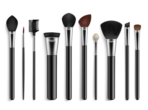 Make-up kwasten Realistische professionele visagiste tools Geïsoleerde 3D verschillende accessoires voor cosmetica Gezichtspoeder en foundation penselen Oogschaduw applicators Vector beauty apparatuur set