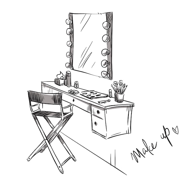 Make-up lijntekening. Kaptafel met make-up accessoires en klapstoel