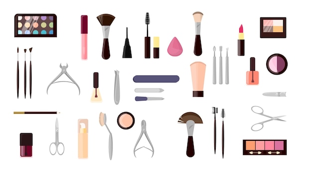 Вектор Набор предметов для макияжа косметика и ножницы зеркало и многое другое