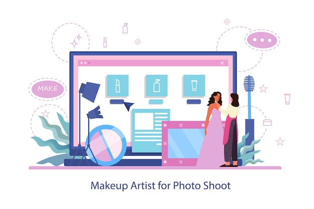 Make up online service. make up artist web site. visagiste doing makeup to a model for photoshoot. isolated vector illustration