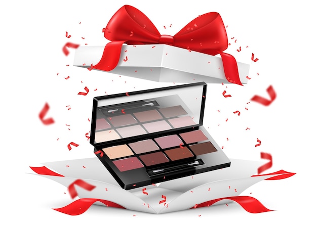 Make-up oogschaduw palet of blush kit in open geschenkdoos geïsoleerd op witte achtergrond Witte geschenkdoos met cosmetische items Present Gift Surprise concept 3D realistische vectorillustratie