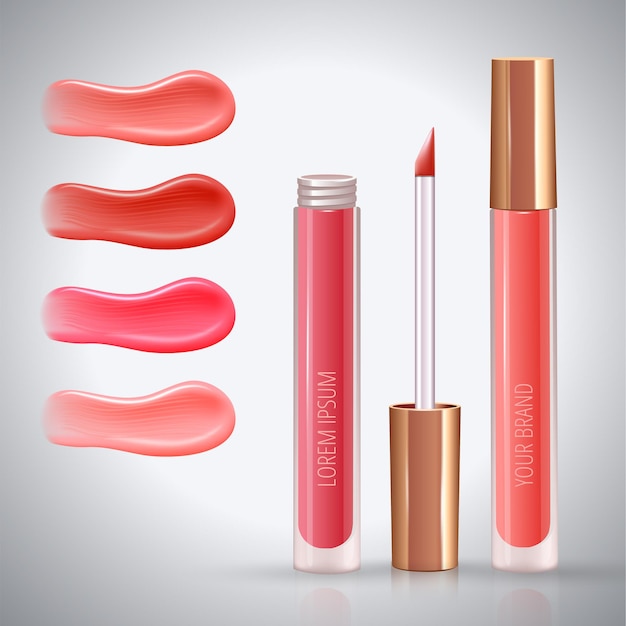 Make-upadvertentieconcept voor lippen met realistische creme-uitstrijkjes van verschillende kleuren en vloeibare lippenstift gesloten en open