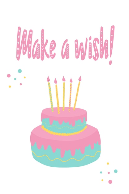 MakeAWish 카드 손으로 그린 2단 생일 케이크와 촛불 및 MakeAWish 글자