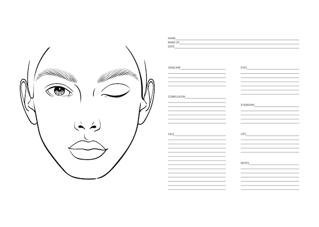 Vector makeup artist blank template. face chart template for professional makeup artist. product list. vector illustration