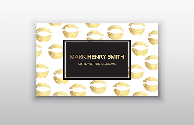 Makeup artist business card Business cards template with gold lips print and black brush