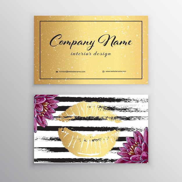 Makeup artist business card Business cards template with gold lips print and black brush