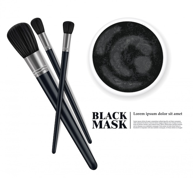 Vettore la spazzola di trucco e la maschera facciale del carbone progettano, insieme realistico del prodotto di bellezza 3d, spazzole isolate sull'illustrazione bianca del fondo