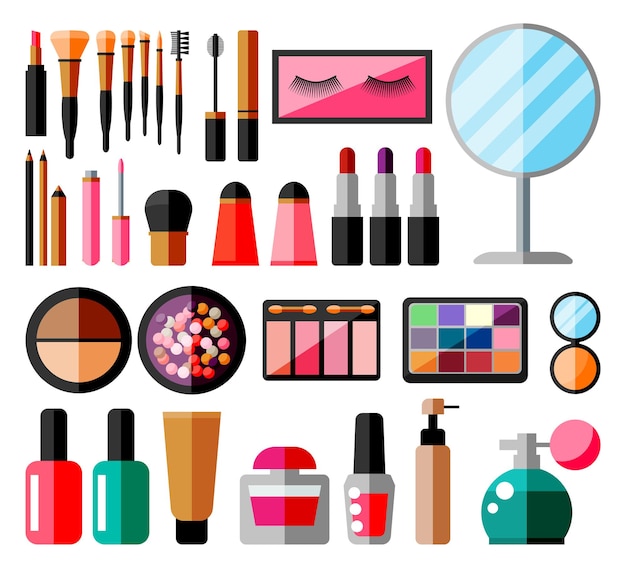 Makeup collection. Set of decorative cosmetics. Make-up store. Various brushes, perfume, mascara, gloss, powder, lipstick and blush. Beauty and fashion. Cartoon flat vector illustration