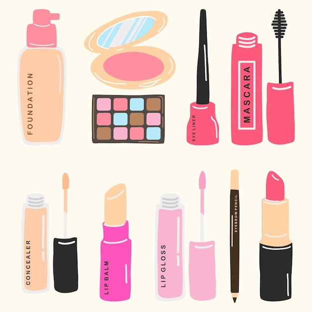 Makeup Cosmetic and Beauty Product Cute Hand Drawn Illustration Set