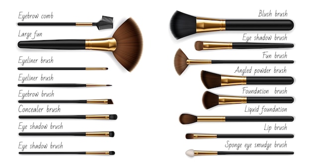 Makeup cosmetic luxury brushes, isolated realistic vector mockups set. Face beauty brushes, eyebrow comb and eyeliner or eye shadow sponge and smudge brush for foundation or concealer and liquid blush