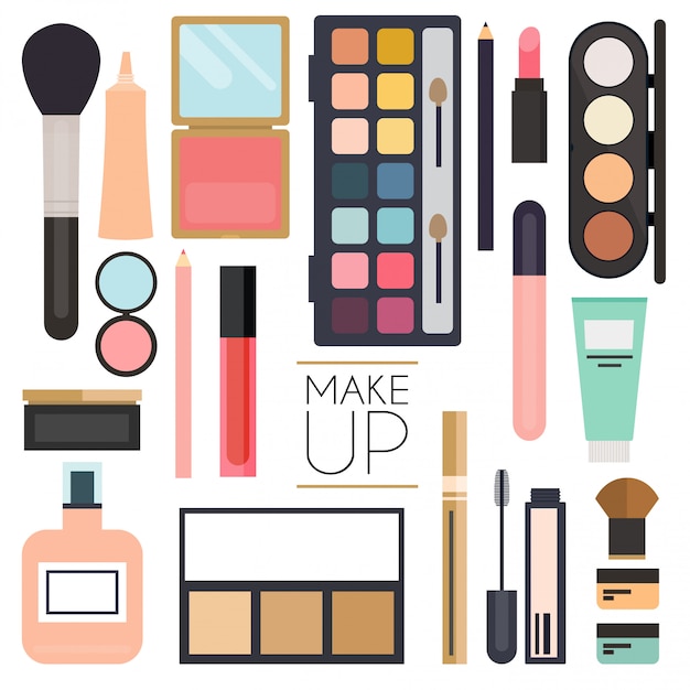 Vector makeup cosmetics and brushes on white background.