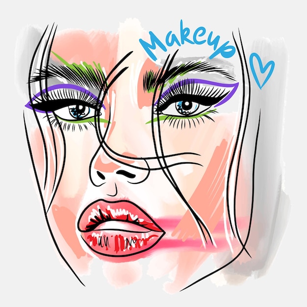 Vector makeup handwritten quote fashion sketch of a portrait of a girl with bright makeup big lips