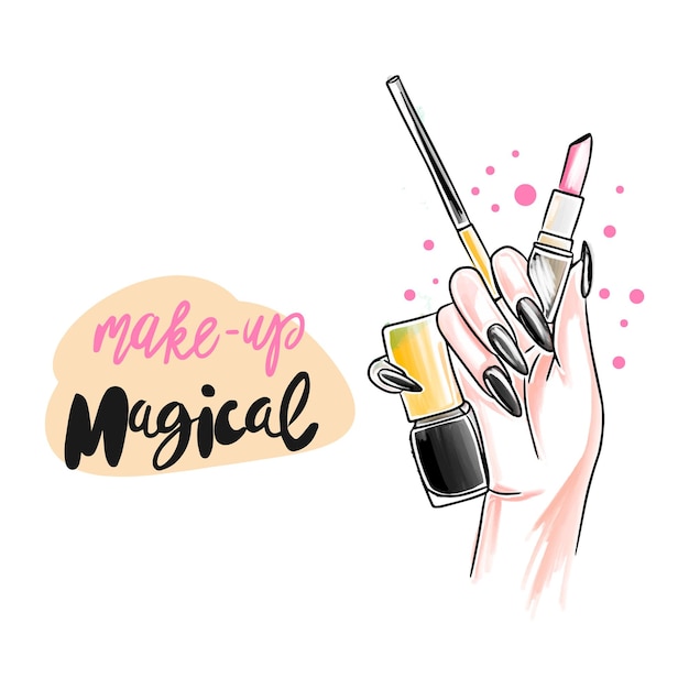 Vector makeup is magical handwritten lettering hand with bright long nails holds lipstick and nail polish