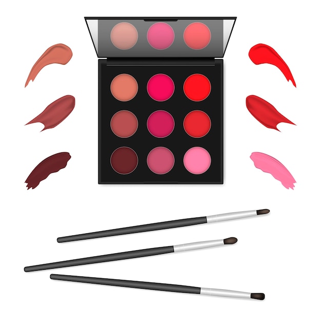 Makeup lipstick palette with smear samples and makeup brushes isolated on white background