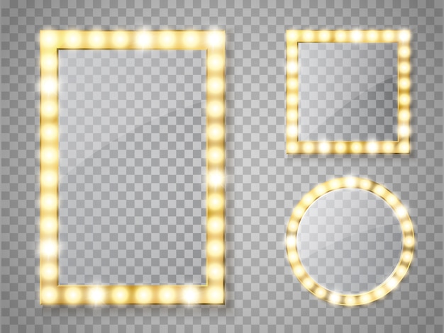 ゴールドライトで分離された化粧鏡。正方形および円形フレーム