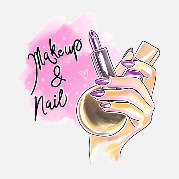 Makeup and nail handwritten quotes hand with bright long nails holds lipstick and nail polish