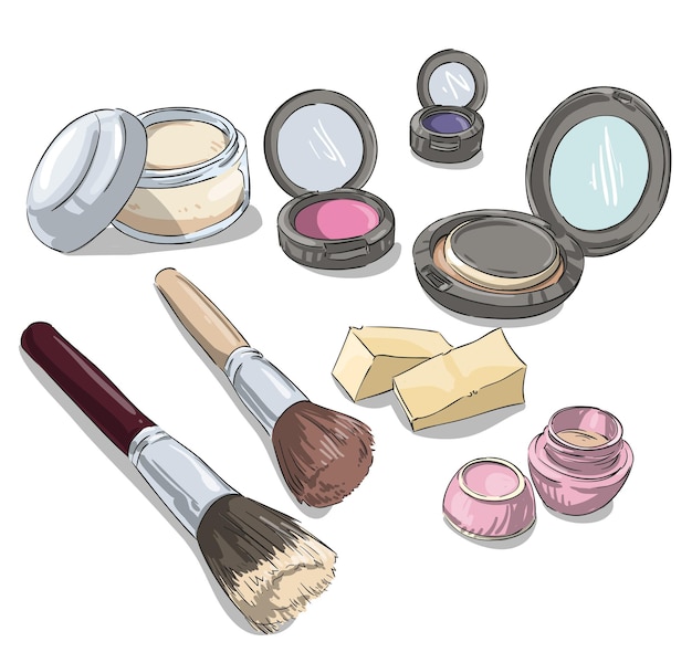 Vector makeup products drawing. fashion illustration.