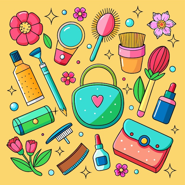 Makeup products pattern Cosmetics Hand drawn Vector Illustration