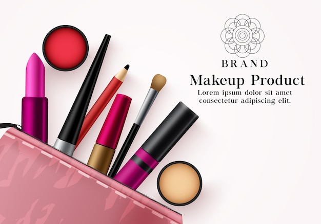 Makeup products vector template banner facial cosmetics collection in pink beauty kit for mock up