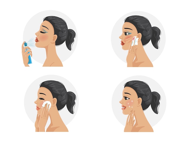 Makeup remover step women wash one's face.