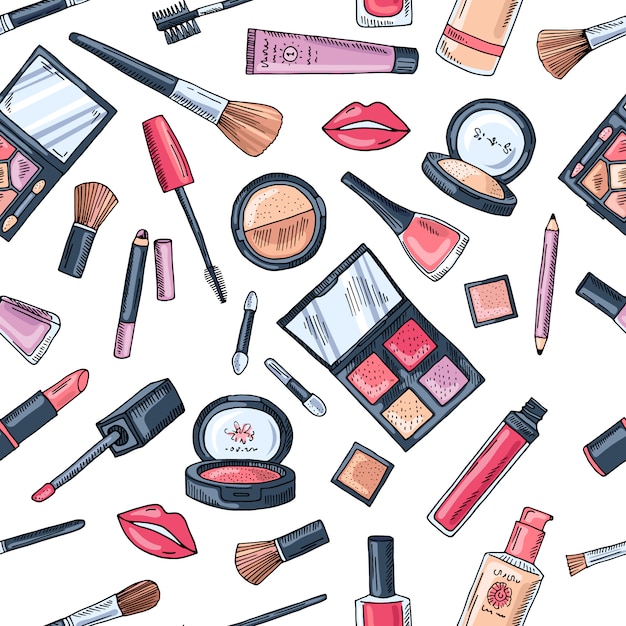 化粧のシームレスパターン。さまざまな化粧品のイラスト。口紅とポマードグラマーのベクトルの背景