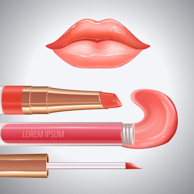 Vector makeup set for lips with realistic creme smear realistic glossy shining lips and liquid lipstick